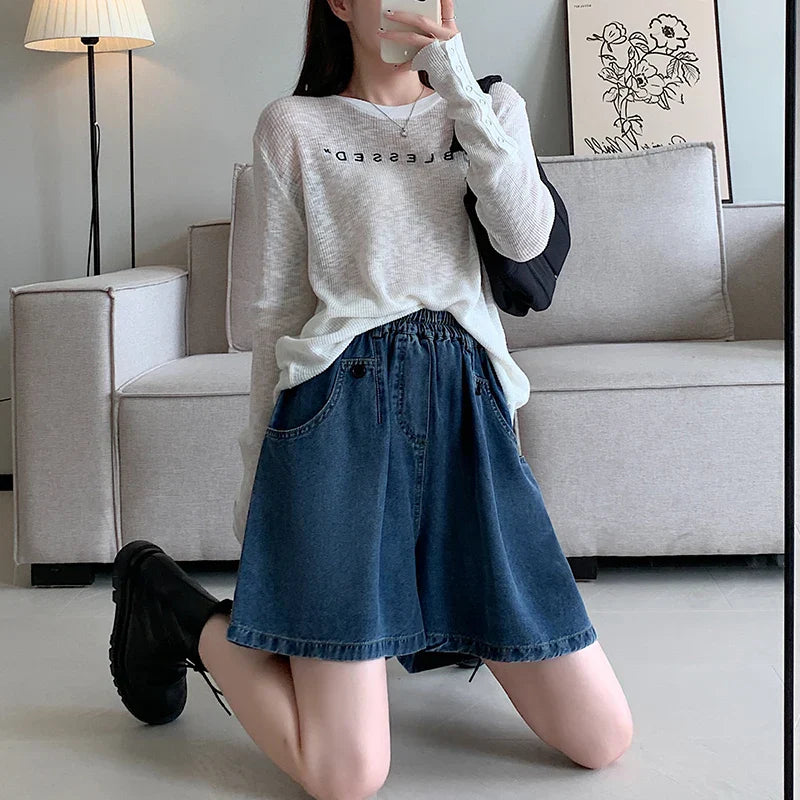 New 2024 Summer Plus Size Denim Shorts For Women High Elastic Wasit Wide Leg Loose Blue Jean Short Women Streetwear Half Jeans