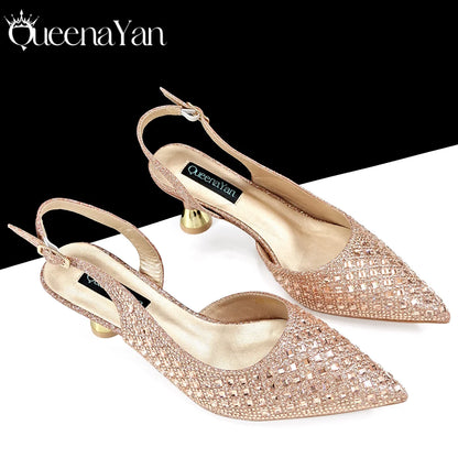 Italian Design Rhinestone Luxury Navy Blue Pointed Toe Shoe & Bag Set Women High Heels for Parties High Quality