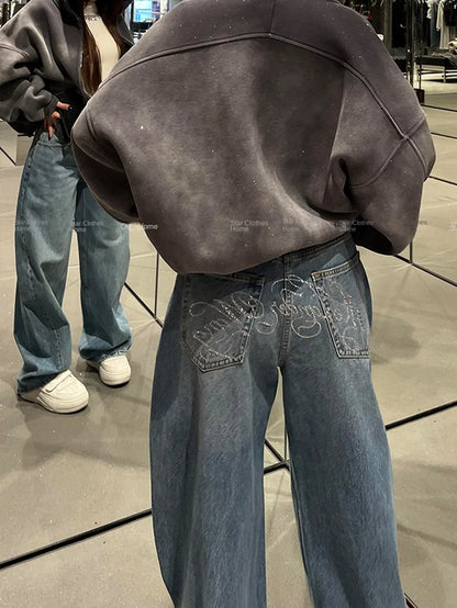 Loose Wide Leg Womens Jeans Casual  Pants Trousers Vintage Retro Design American Style Chic Distressed Oversized Fashion