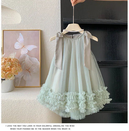 2024 Summer Korean  Girls New Sleeveless Bow Solid Color Sweet and Gentle Princess Dress Childrens Trend