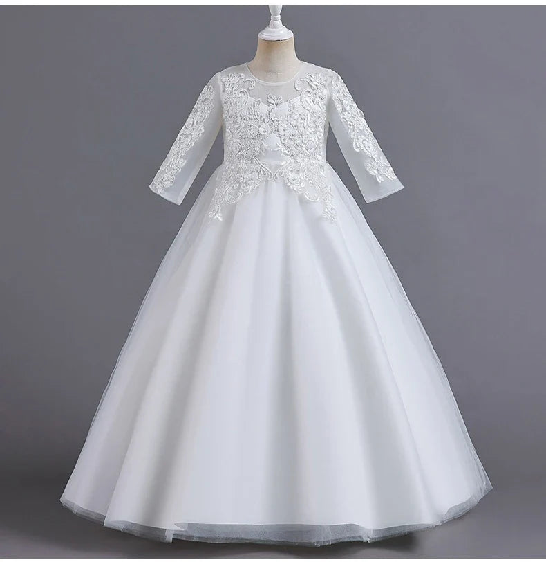 New Slim short sleeve fashion girls dress 3-12 years old Fluffy white wedding Sweet Princess dress lace
