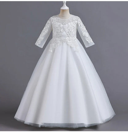 New Slim short sleeve fashion girls dress 3-12 years old Fluffy white wedding Sweet Princess dress lace