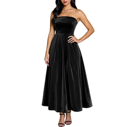 Women's Elegant Party Dresses Strapless Backless Velvet Long Dress Fashion Retro Dress Female Evening Dresses Vestidos Largos