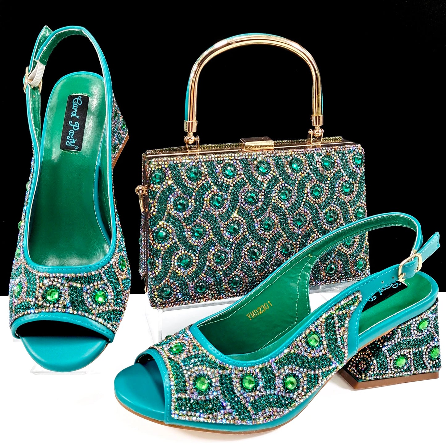 Q Rhinestone Design INS Hot Sale New Arrivals African Shoes and Bag Set in Green Color Open Toe Comfortable Women Heels