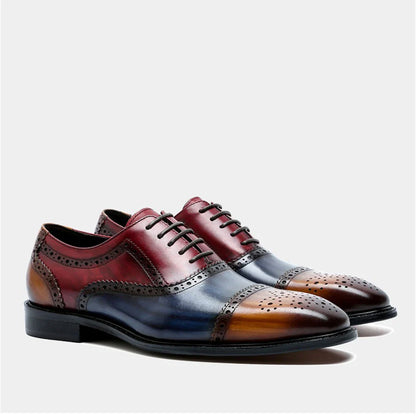 Color Block Genuine Leather Mens Formal Oxford Shoes Cap Toe Lace Up Brogue Business Party Elegant Gentleman Dress Shoes for Men