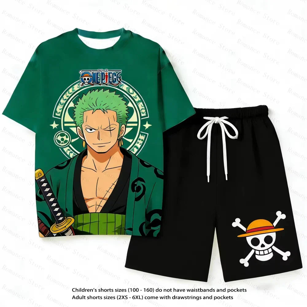 Anime One Piece Family Matching Outfits Ace Print Short Sleeve T-Shirt Shorts Set for Kids Adults Woman t-shirts and Shorts Set