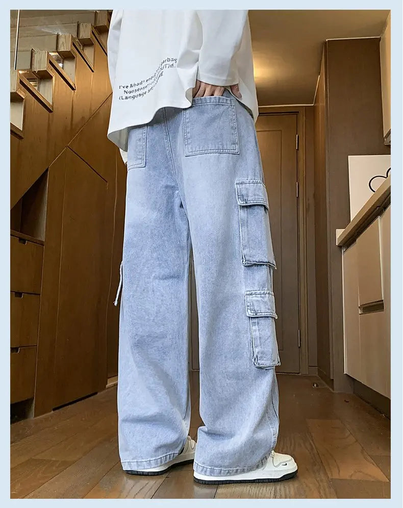 2025 Autumn New Men's Loose Jeans Multi-pocket Work-wearing Jeans Street Hip-hop Straight Wide-leg Pants Baggy Dance Pants