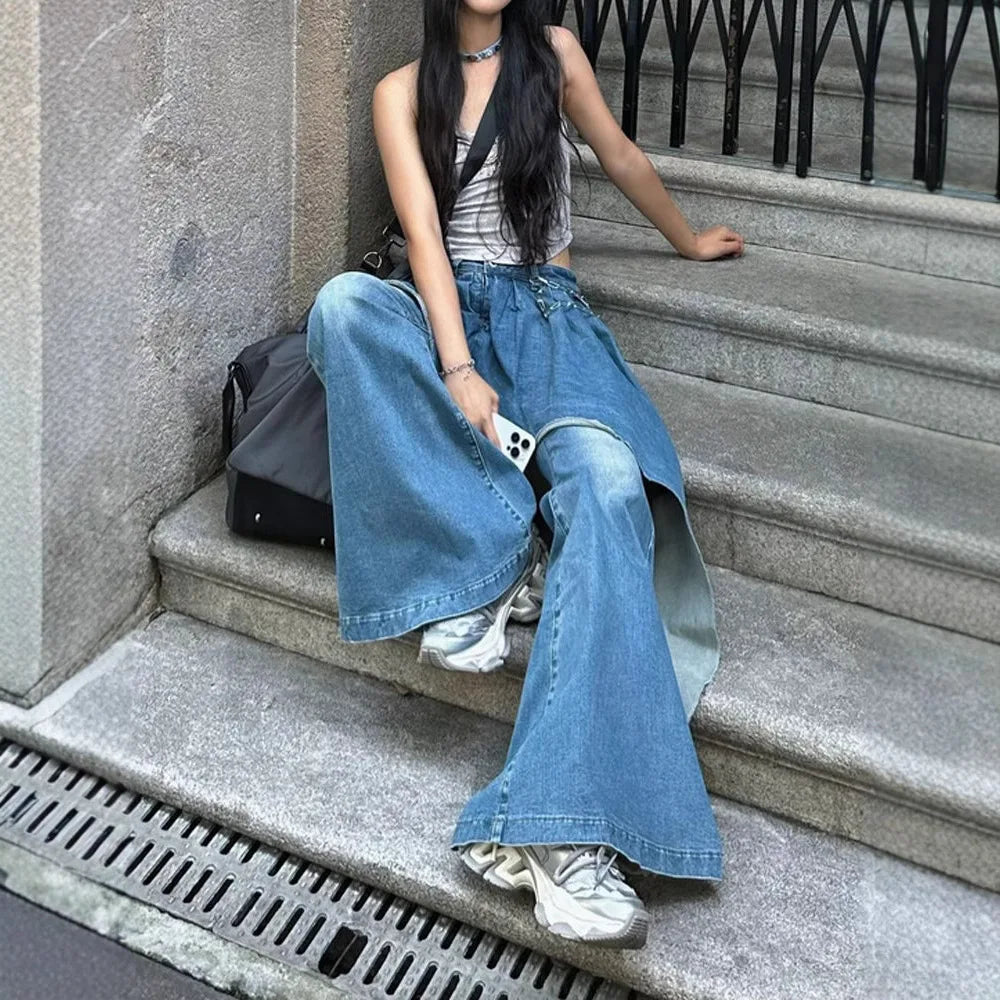 American Retro Irregularly Designed Patchwork Jeans, Women's Four Seasons New Street Hot Girl Patchwork Flared Jeans, Long Pants