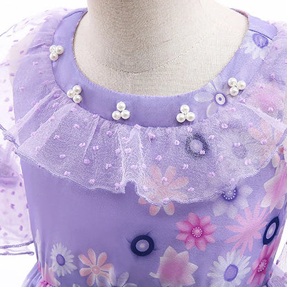 Kids Isabela Dress Children Summer Floral Swing Flared Costume Girl Encanto Cosplay Outfit Madrigal Halloween Clothes 3-12Y