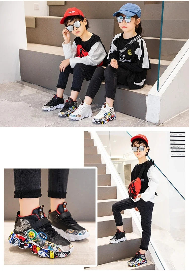 Size 26-37 Children Sports Sneakers for Girls Kid Cartoon Graffiti Pattern Casual Shoes Boys Basketball Shoe Chaussures De Sport