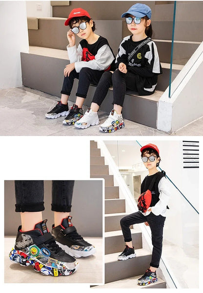 Size 26-37 Children Sports Sneakers for Girls Kid Cartoon Graffiti Pattern Casual Shoes Boys Basketball Shoe Chaussures De Sport