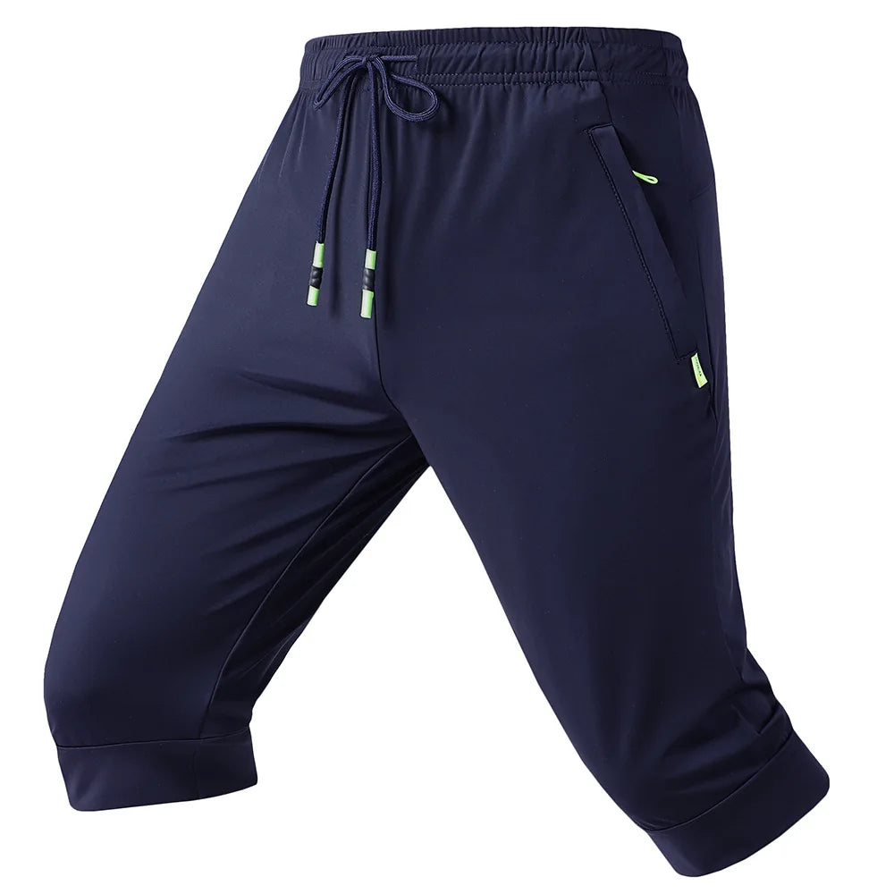 2024 Black Summer New Running Loose Ice silk Zipper Pocket Seven Quarter Pants Men Thin Casual Beach Over Knee Straight Shorts