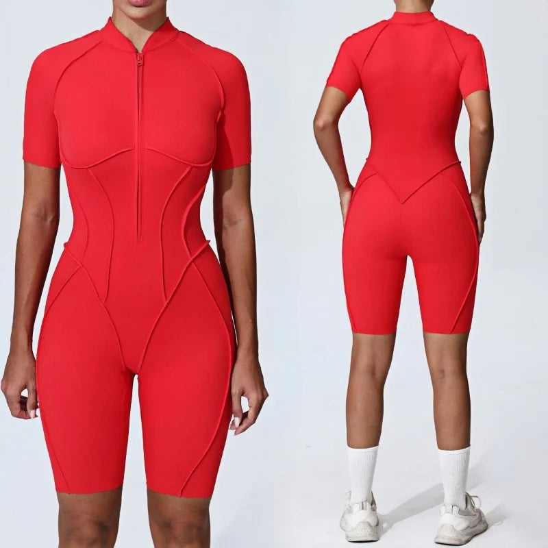 Zipper Short-sleeved Yoga Sports Fitness Jumpsuits Sets Without Chest Pad Tight Bodysuits Shorts Gym Workout Clothes for Women