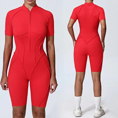 Zipper Short-sleeved Yoga Sports Fitness Jumpsuits Sets Without Chest Pad Tight Bodysuits Shorts Gym Workout Clothes for Women