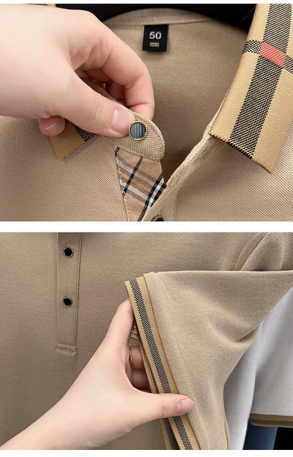 Summer men's light luxury brand letter printed short sleeved T-shirt Polo shirt breathable striped collar business casual top