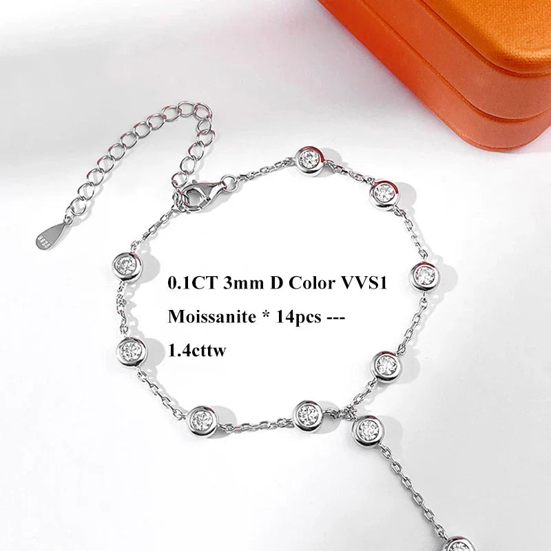 3mm Round Bezel Moissanite Bracelets for Women 14-21cm Adjustable Chain GRA Certified s925 Silver Diamond Bubble Bracelet
