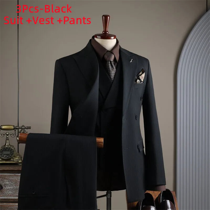 Terno Masculino de Alta Qualidade Formal Social Slim Fit Abotoamento Duplo Listrado Conjunto de Terno Noivo Casamento Roupa de Festa Smoking Roupa Masculina