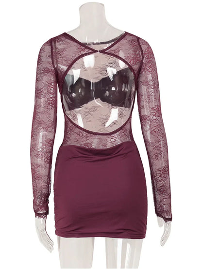 Lace Patchwork Backless O Neck Women Dresses Fashion Sheer Long Sleeve Sheath Outfits Hollow Out Female Hip Wrap Bodycon