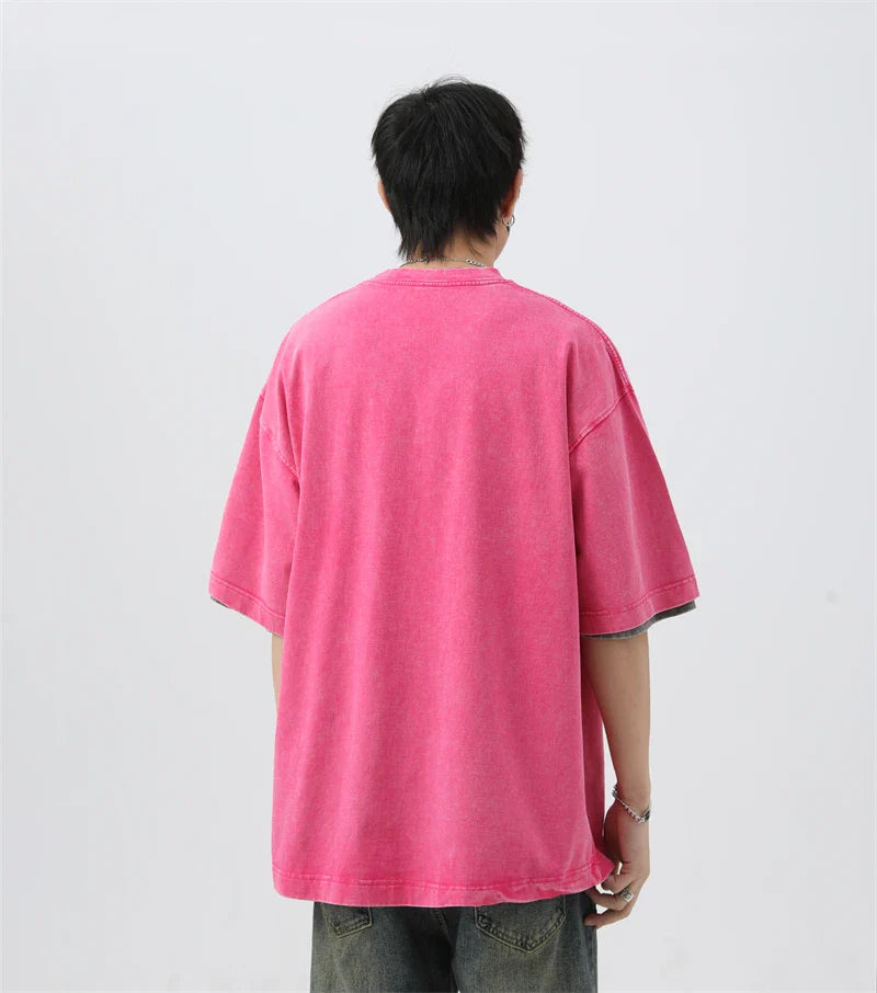 Japanese Korean Style Stir Fried Snowflake Washed T-Shirts Men Women Cotton Heavyweight Summer Hip Hop Streetwears Short Sleeved