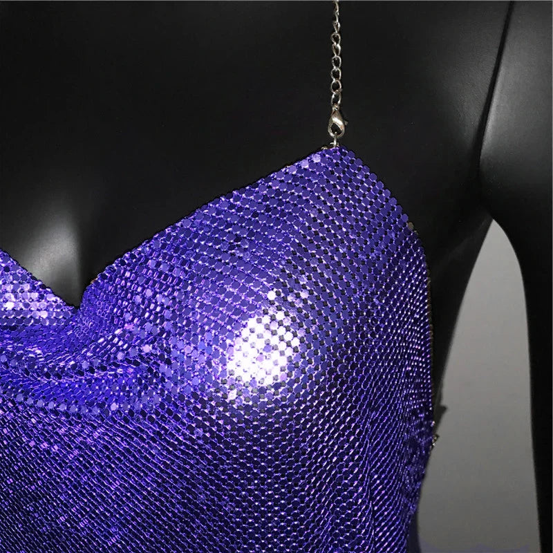 New Sexy Backless Metal Sequined Solid Camis Sleeveless Halter Hollow Out V Neck Adjustable Chain Women Nightclub Crop Tops