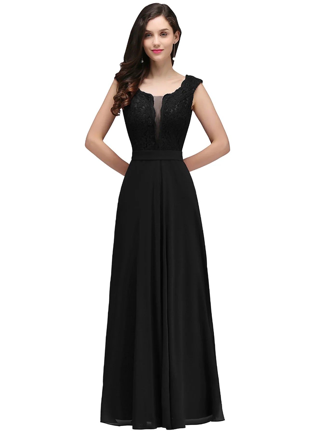 Elegant Long Burgundy Women Evening Dresses Sexy Illusion O Neck Lace Sleeveless A-Line Chiffon Formal Party Prom Gowns Vestidos