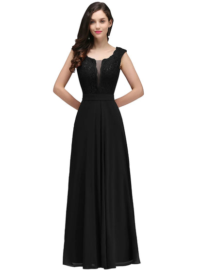 Elegant Long Burgundy Women Evening Dresses Sexy Illusion O Neck Lace Sleeveless A-Line Chiffon Formal Party Prom Gowns Vestidos
