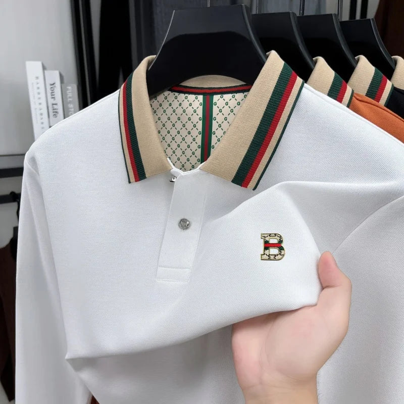 Luxury advanced  brand men long sleeve polo shirt unique stripe color blocked lapel fashion letter embroidery casual new T-shirt