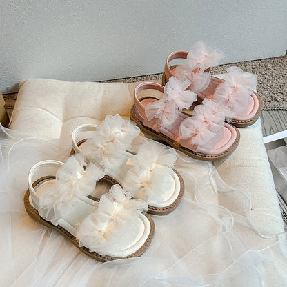 Girls' Sandals 2024 Summer New Fairy Style Princess Sandals with Mesh Bow Kids Versatile Fashion Sweet Beach Shoes for Vacation