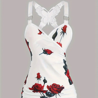2024 spring and summer Europe and the United States new women's rose print pleated suspenders butterfly lace cross vest.