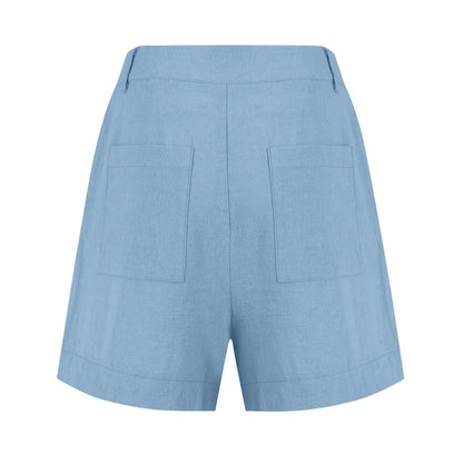 Cotton Linen Solid Shorts For Women Button High Waist Summer Loose Casual Pockets Shorts Female Pants Women Clothing