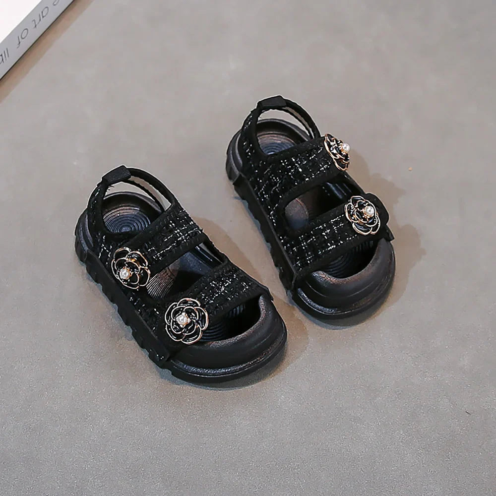 Korean Style Summer Sandals For Girls Luxury Pearl Flower Children's Beach Shoes Ergonomics Soft-soled Kid's Girl's Sandals