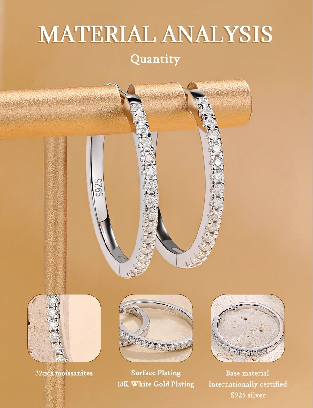 Pretty Beauty 23mm Moissanite Hoop Earrings S925 Sterling Silver for Women Wedding Party White Gold Plated Fine Jewelry Gifts