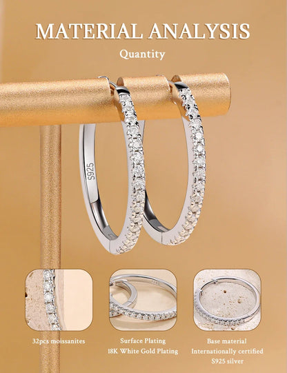 Pretty Beauty 23mm Moissanite Hoop Earrings S925 Sterling Silver for Women Wedding Party White Gold Plated Fine Jewelry Gifts