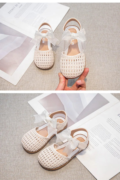 Children's Sandals Summer New Elegant Girls Princess Shoes Woven Style Beach Causal Kids Flat Sandals Solid Color Versatile