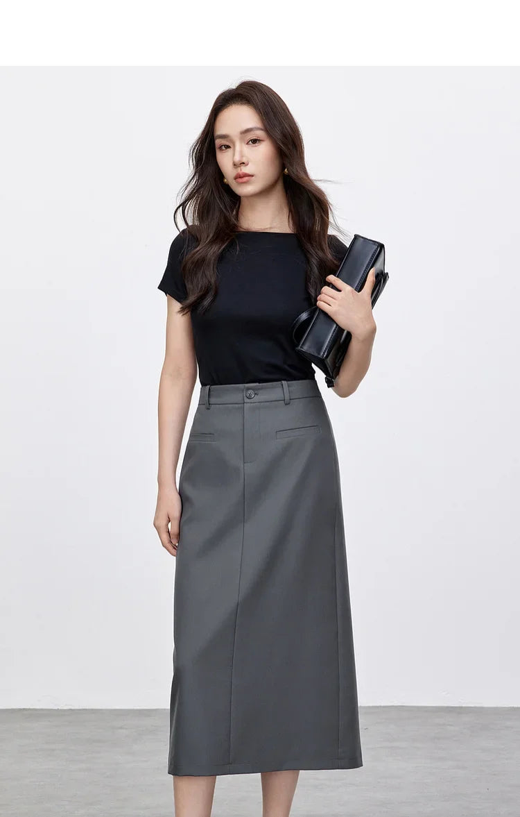 Retro Straight Tube Midi Skirt For Women Spring 2026 Preppy Style High Waist Slimming Split Mid Length Skirt 151Q59211