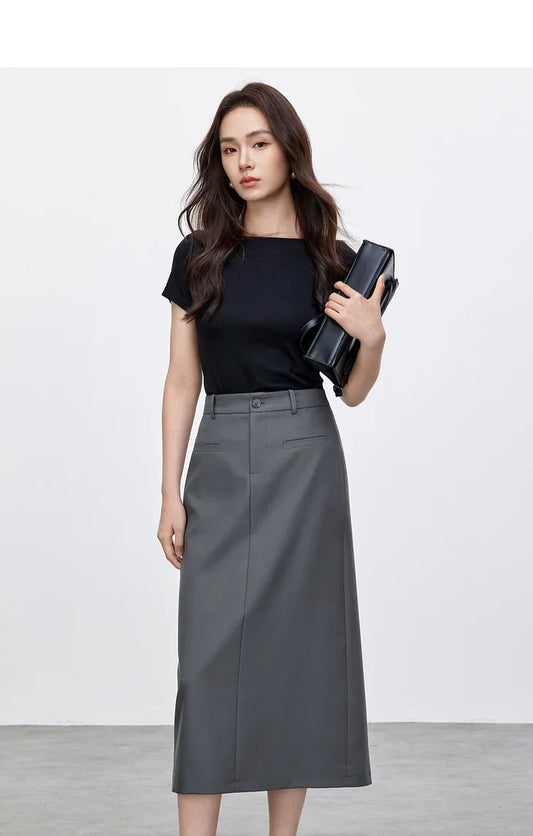 Retro Straight Tube Midi Skirt For Women Spring 2026 Preppy Style High Waist Slimming Split Mid Length Skirt 151Q59211
