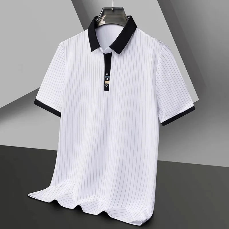 Brand striped design men's short sleeve fashionable polo shirt 2024 summer new cool and breathable casual lapel golf T-shirt