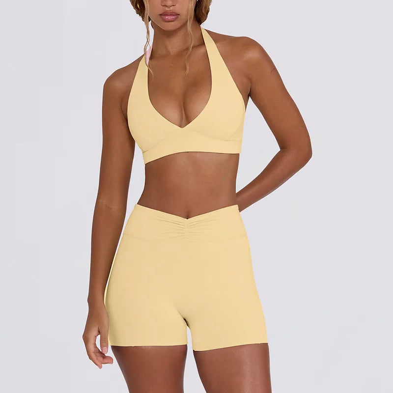 Women's Yoga Suits Quick Drying Leggings Gym Shorts Nude Hanging Neck Bra Running Gym Exercise Sets