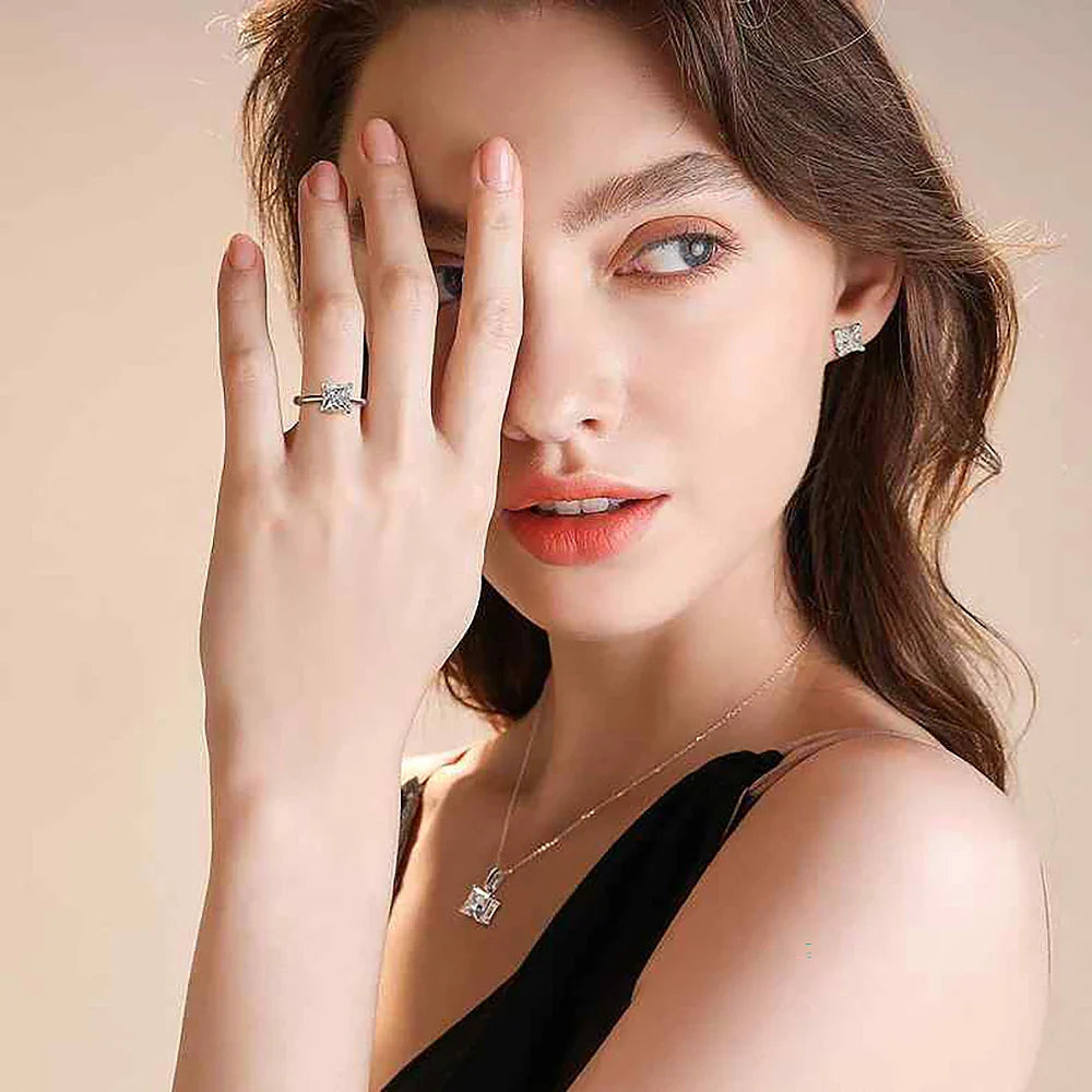 Moissanite Jewelry Set for Women Princess Cut D Color Diamond 925 Sterling Silver Pendant Necklace Stud Earring with Certificate