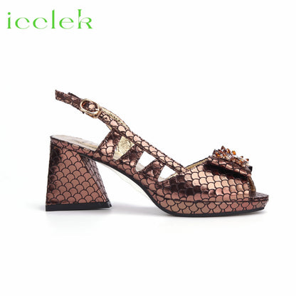 Italian Hollow Design Shoes Matching Bag in Coffee Color Comfortable Heels Ladies Sandals for Party