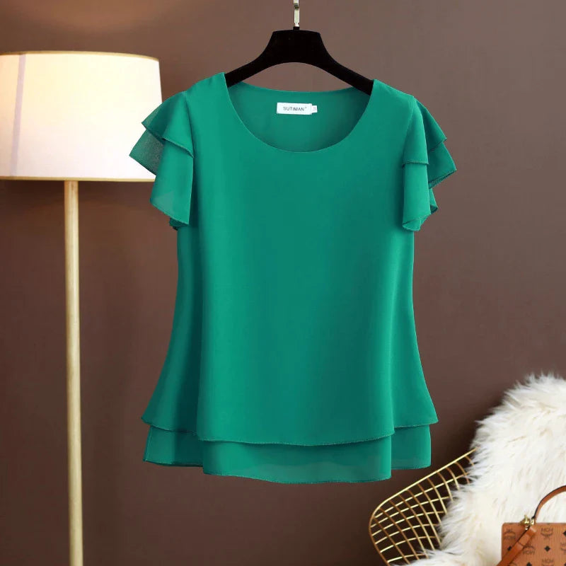 Fashion Brand Summer Oversized Loose and Thin Casual Blouse Top Short Sleeve Chiffon Top White Blouse Green Women’s Tops M-6XL