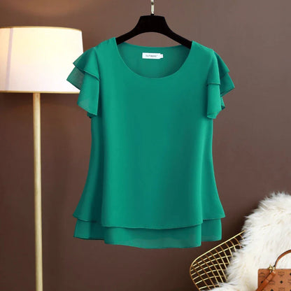 Fashion Brand Summer Oversized Loose and Thin Casual Blouse Top Short Sleeve Chiffon Top White Blouse Green Women’s Tops M-6XL