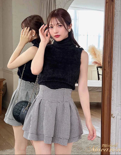Japanese Lolita Skirts Ruffled Pleated Plaid Skirt Women 2026 Spring New Elastic High Waist Slimming Gentle Mini Skirt Culottes