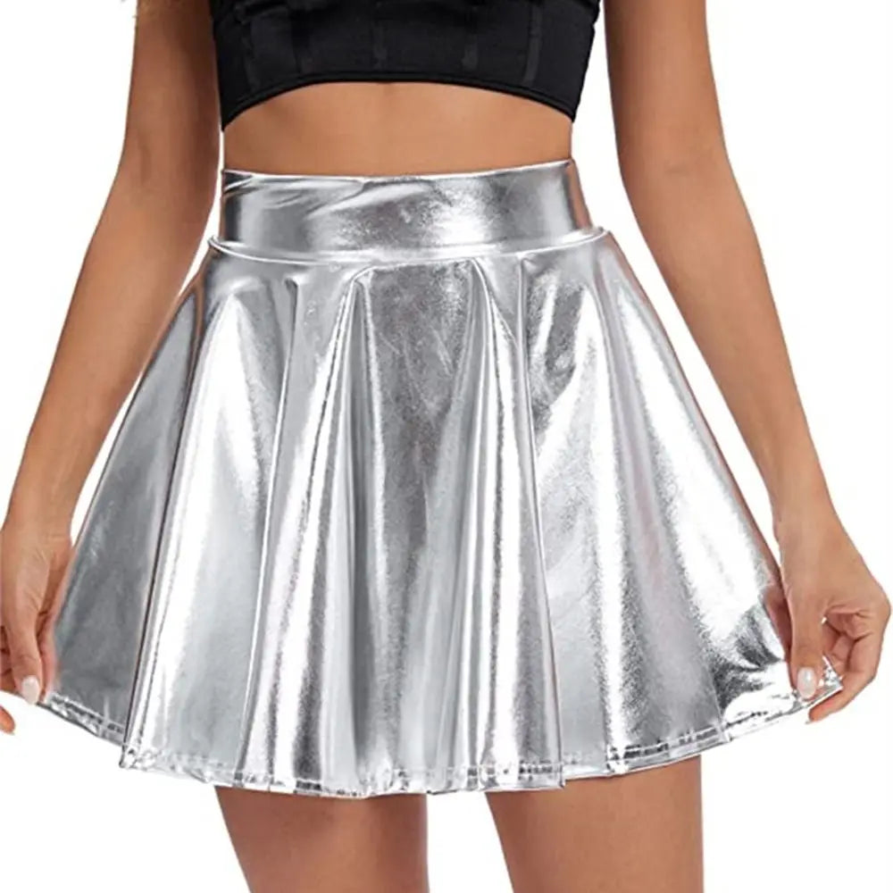 Elegant Metallic Pleated Skirt Gold Silver Flared Design A-line Short Skirt Retro Solid Color Girls Short Mini Skirt Clubwear