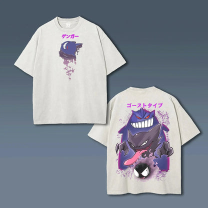 Gengar Vintage Washed Mens Womens T Shirt Anime Streetwear Short Sleeves Tee Graphic Print Casual Top 2026 Summer Y2k