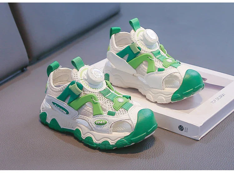 Kids Shoes Rotating Button Closed-Toe Boys Sandals Breathable Mesh Sport Shoes for Boys, Non-Slip Children Summer Sneakers