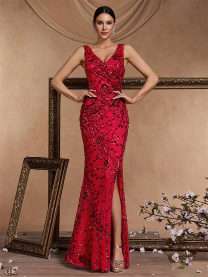 Elegant Slit Evening Dress 2024 Women Long Mermaid Formal Sequrins Sexy V-neck Caicktail Wedding Party Prom Dresses