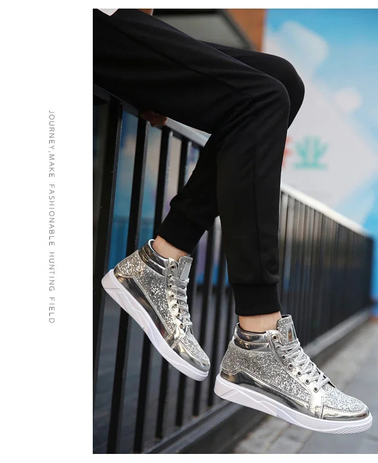 Man High Top Sneakers Luxury Glitter Men Ankle Boots Fashion Non-slip Casual Shoes High Quality Hip Hop Men Boots 2024