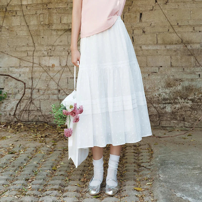 Skirt Women Elastic Waist A-Line Elegant 2025 New Summer Patchwork Lace Polka Dot Long Skirt Graceful for Daily Wear