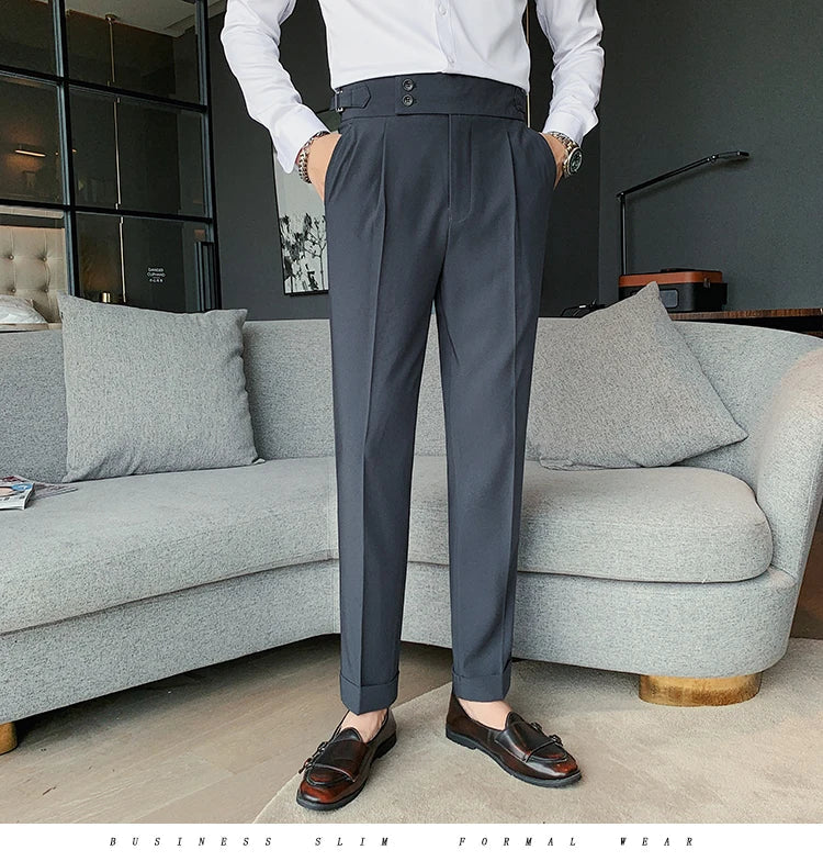 Men British Style Suits Pants New Male Solid High Waist Trousers High Quality Men Formal Slim Fit Business Casual Suit Pants